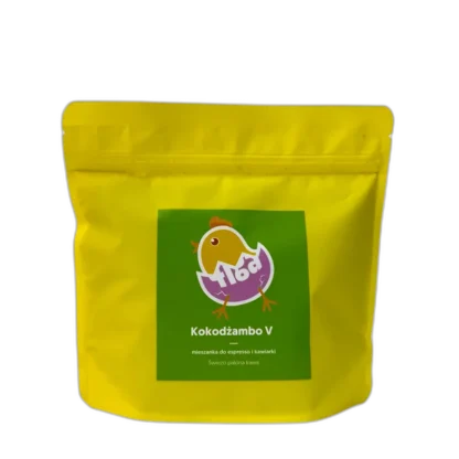 Opakowanie kawy Etno Cafe Kawa Wielkiej Mocy 250 g z brązowego papieru z jasnoniebieską etykietą i świątecznym motywem, dostępne w sklepie z kawą. Limitowana edycja Wielkanocna